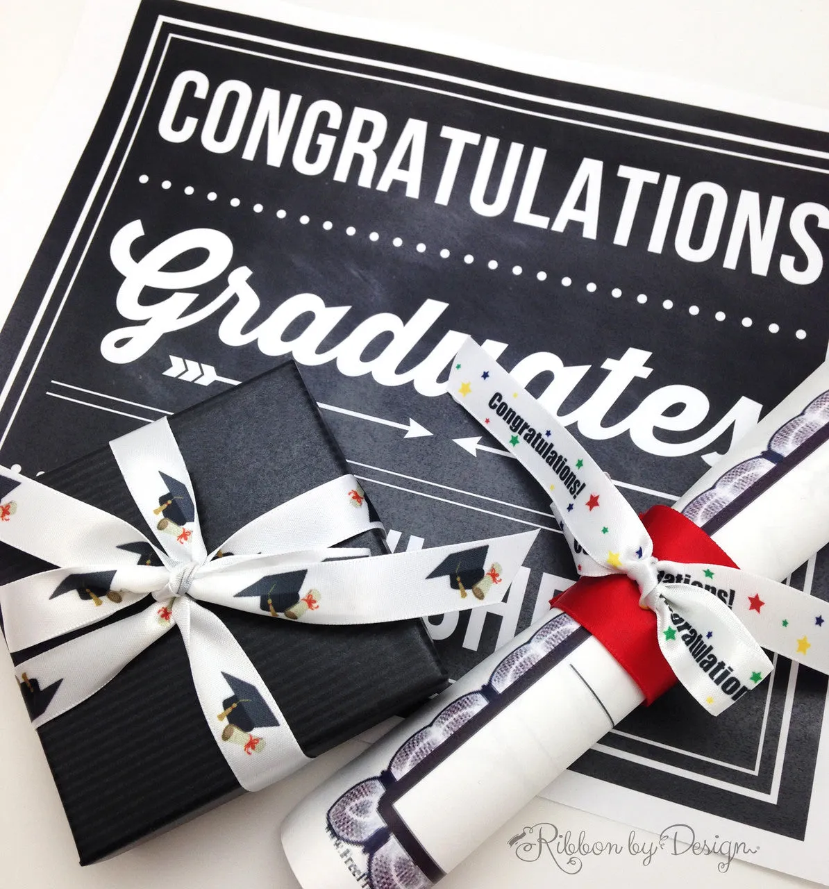 Graduation Ribbon, Hats and Diplomas on 5/8" White Single Face Satin