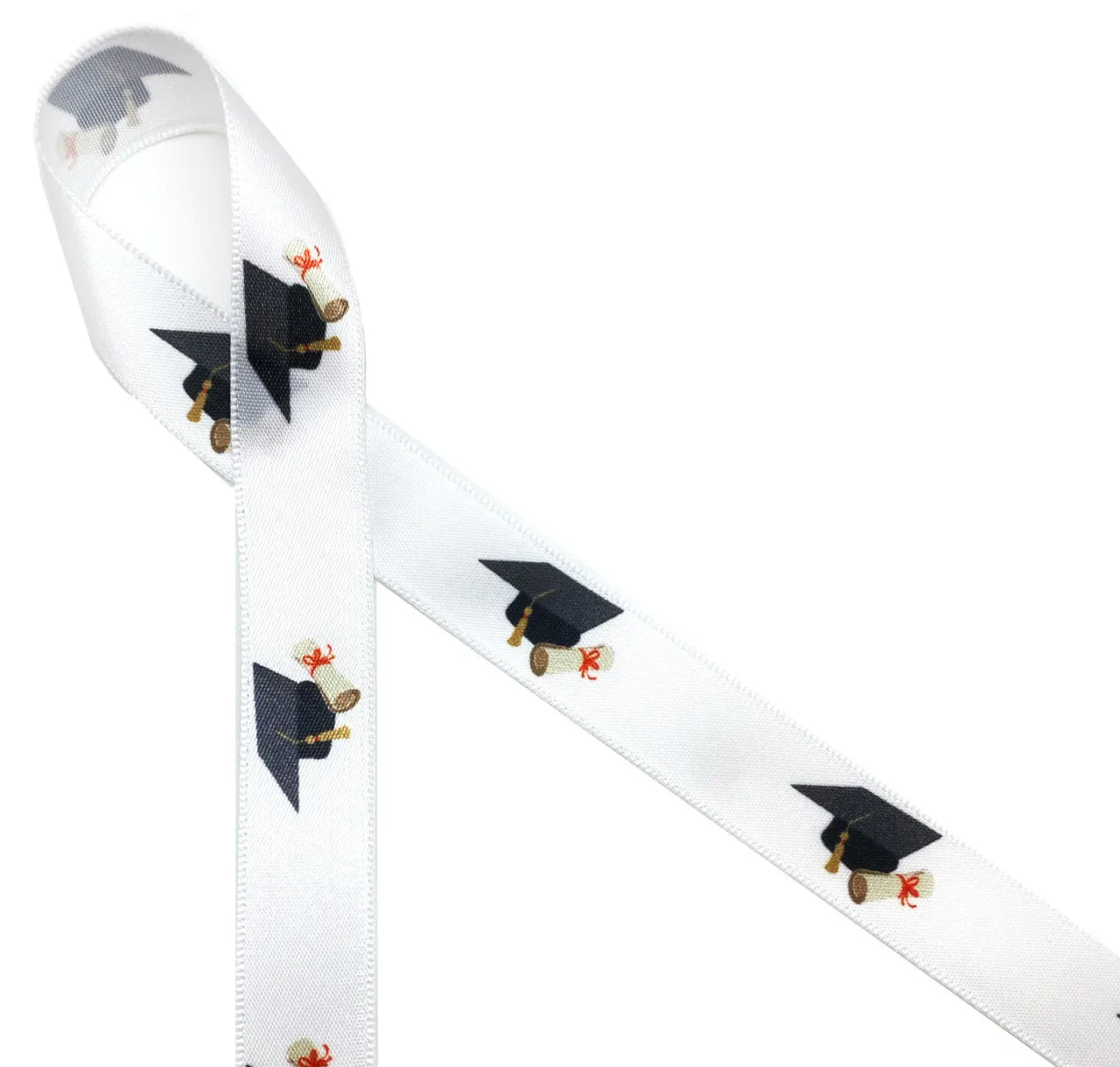 Graduation Ribbon, Hats and Diplomas on 5/8" White Single Face Satin