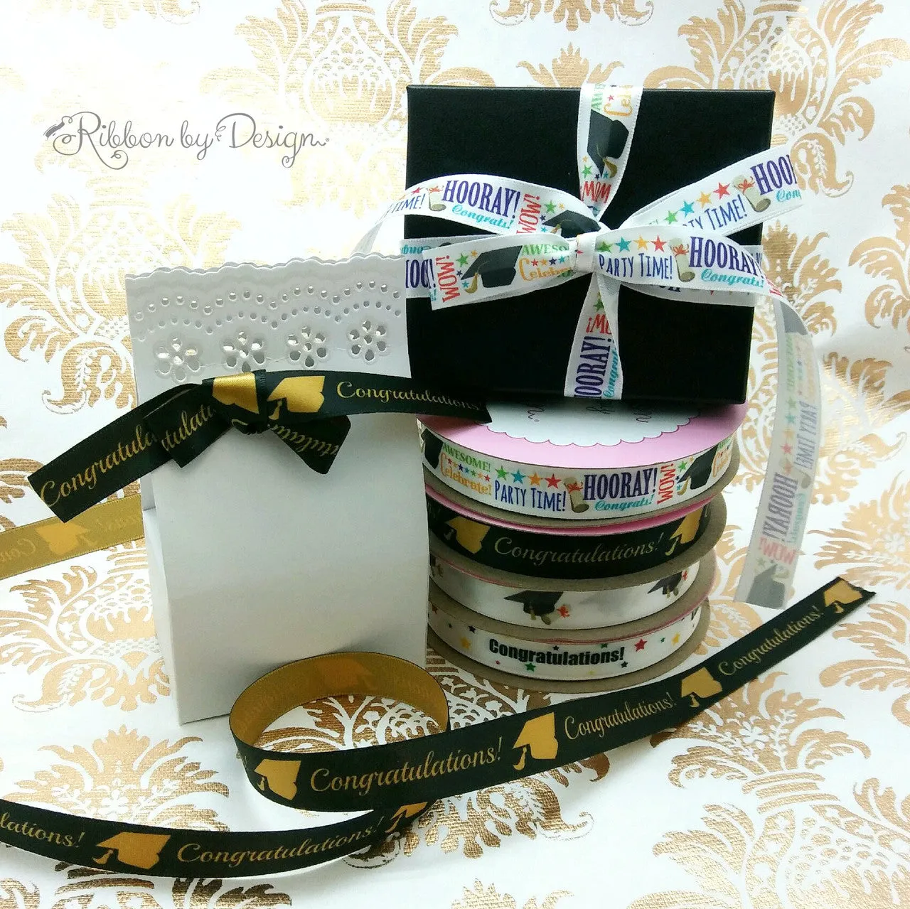Graduation Ribbon, Hats and Diplomas on 5/8" White Single Face Satin