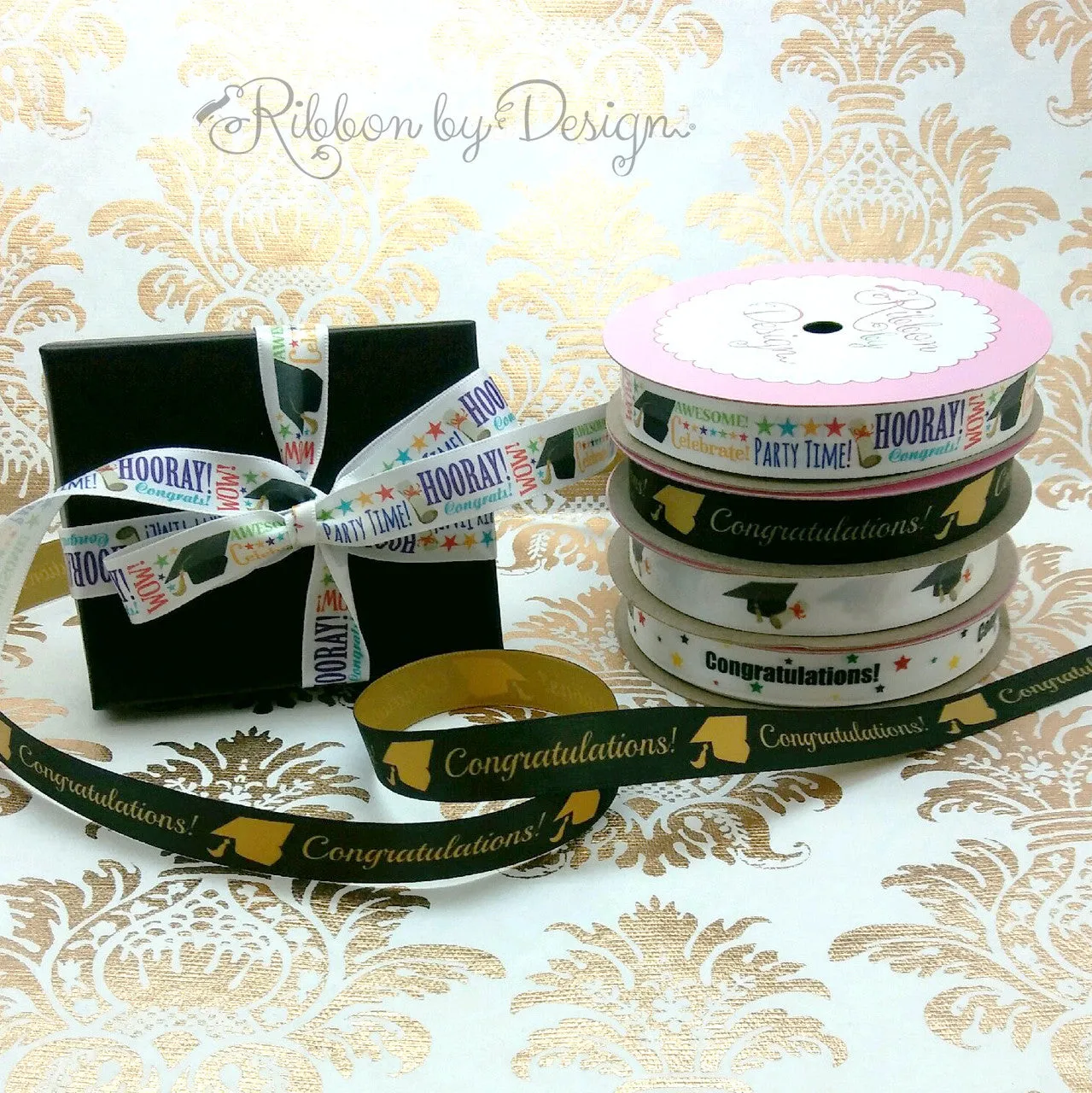 Graduation Ribbon, Hats and Diplomas on 5/8" White Single Face Satin