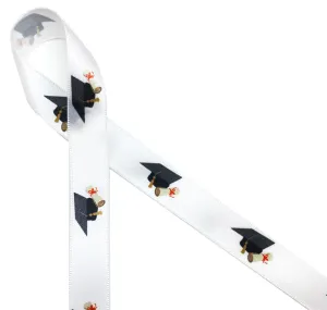 Graduation Ribbon, Hats and Diplomas on 5/8" White Single Face Satin