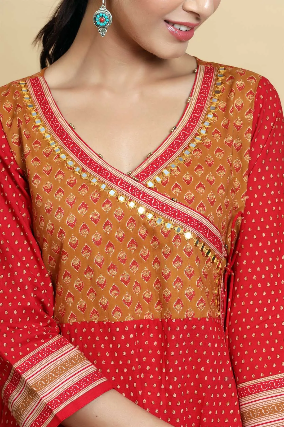 Kalidaar kurta in angrakha style in brick red color