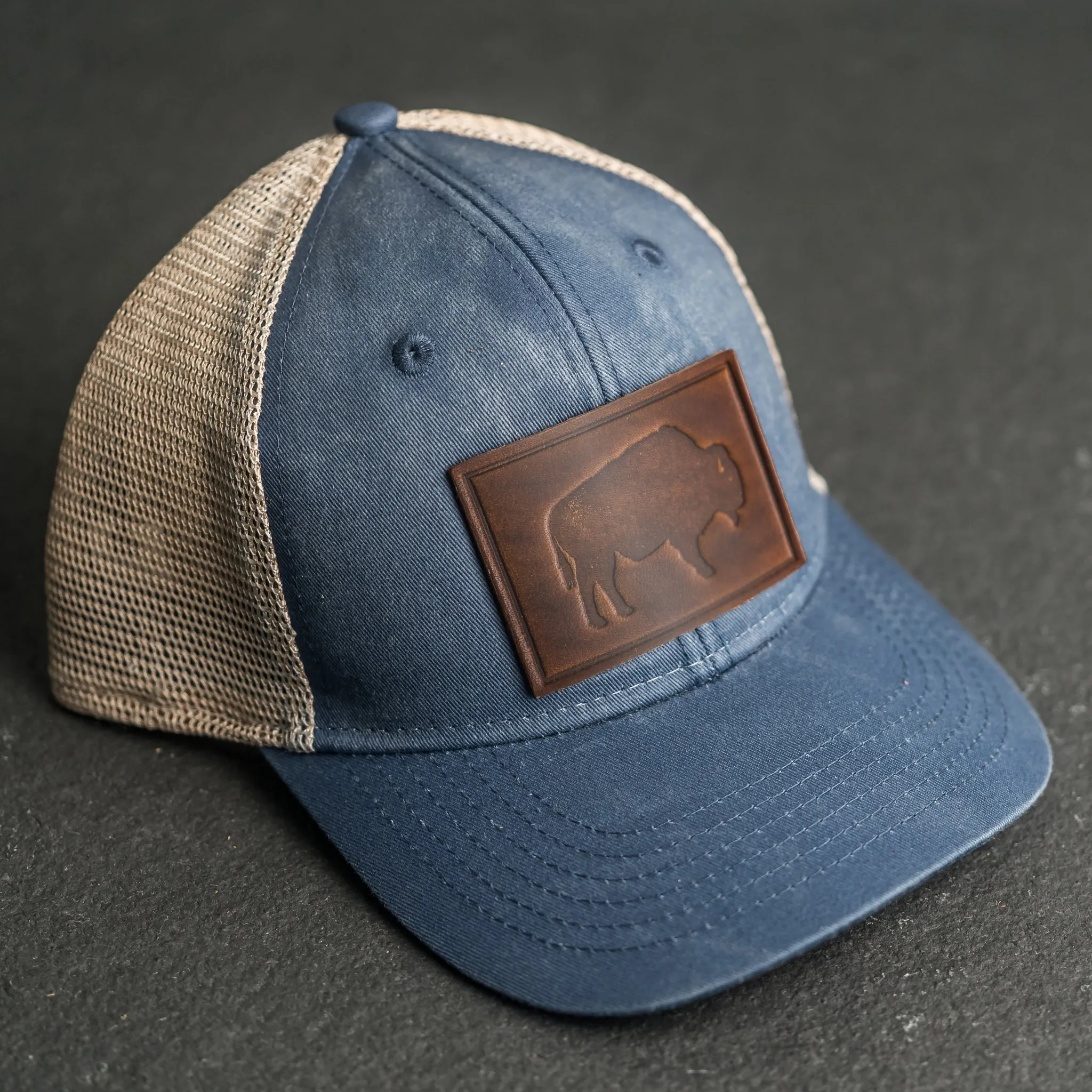 Leather Patch Ponytail Style Hat - Bison Stamp