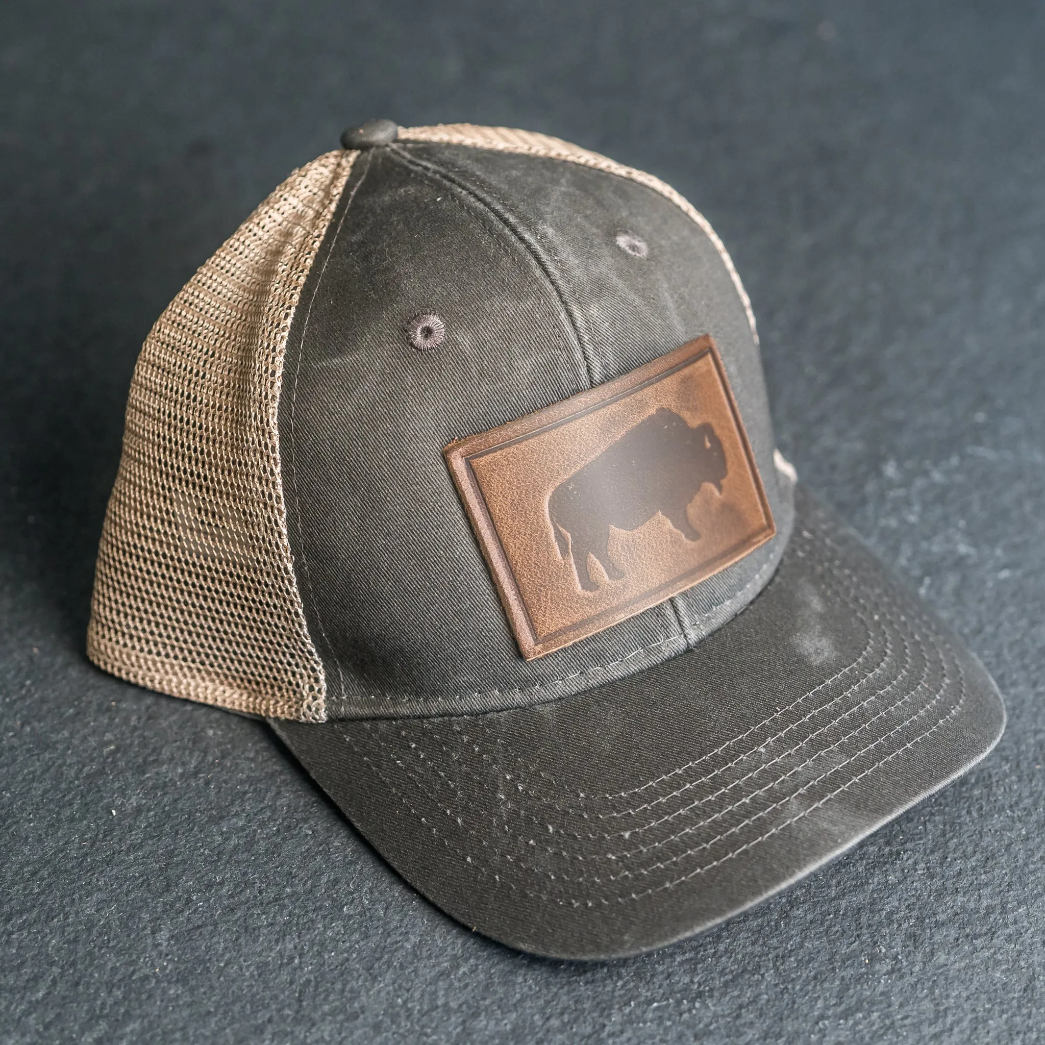Leather Patch Ponytail Style Hat - Bison Stamp