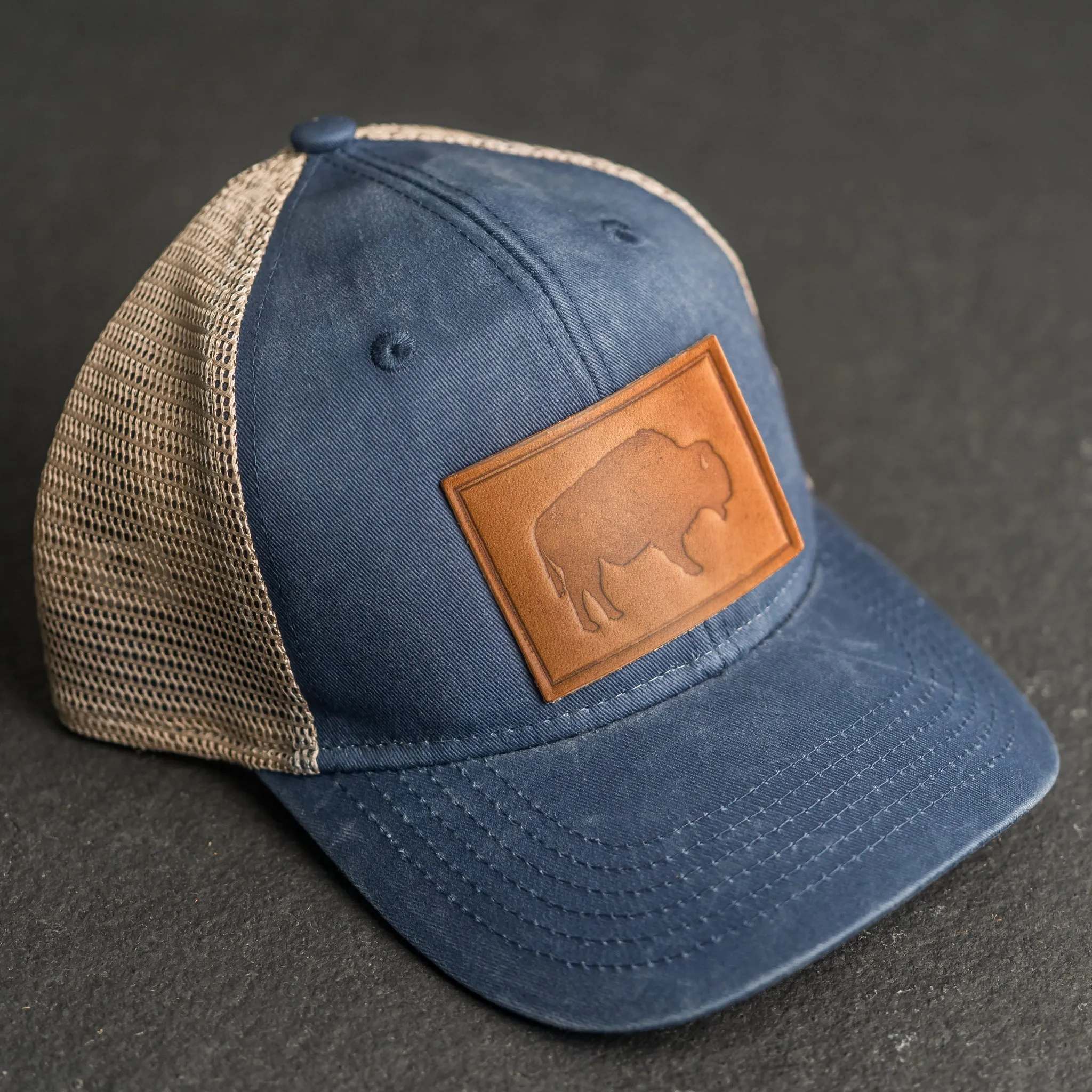 Leather Patch Ponytail Style Hat - Bison Stamp