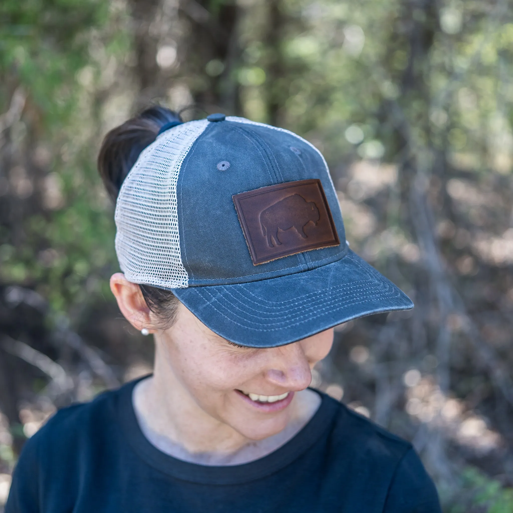 Leather Patch Ponytail Style Hat - Bison Stamp