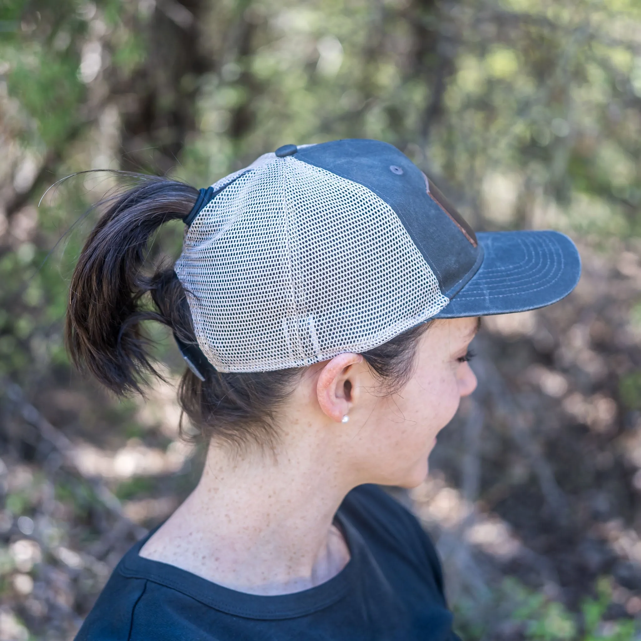 Leather Patch Ponytail Style Hat - Circle Patch - Fish Stamp