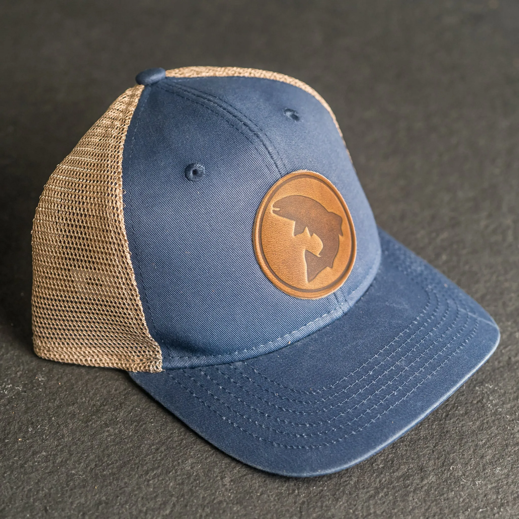 Leather Patch Ponytail Style Hat - Circle Patch - Fish Stamp