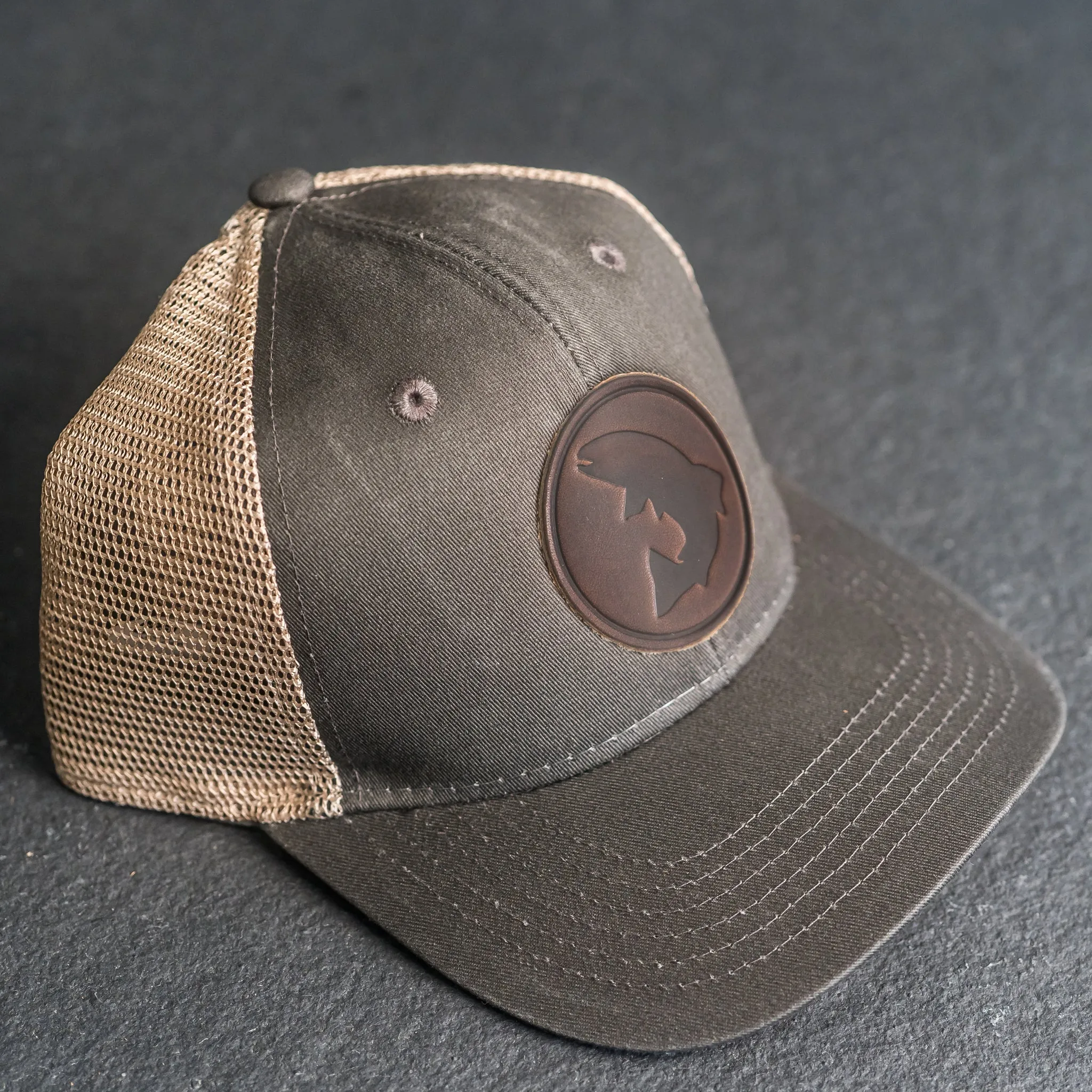 Leather Patch Ponytail Style Hat - Circle Patch - Fish Stamp