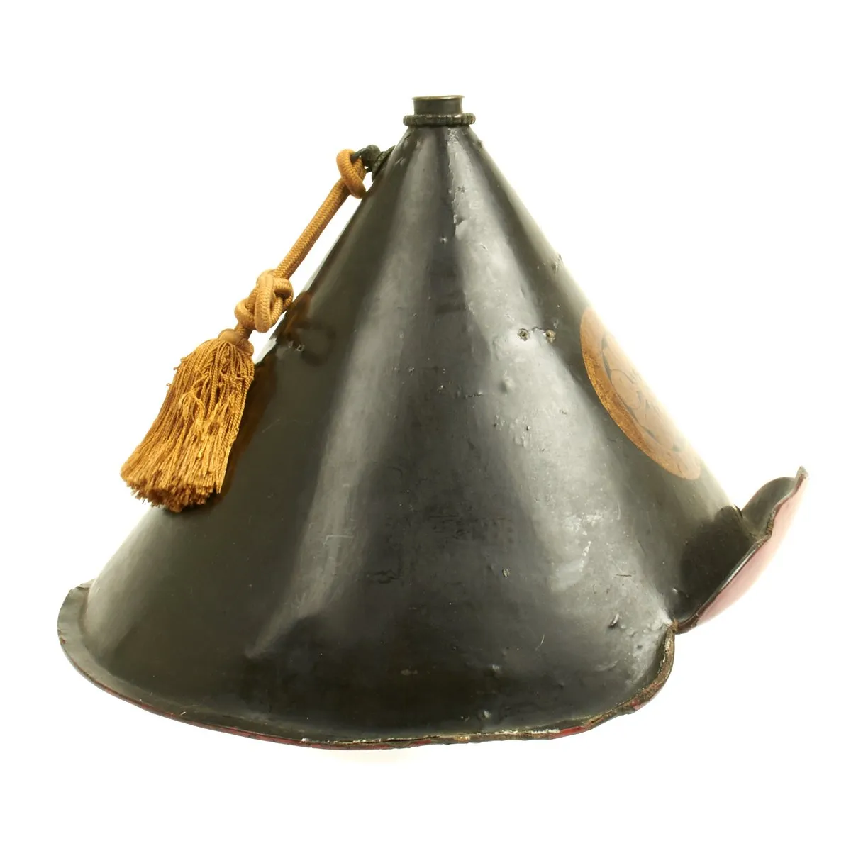 Original Japanese 19th Century Lacquered Jingasa Helmet with Family Crest and Tassel c.1850