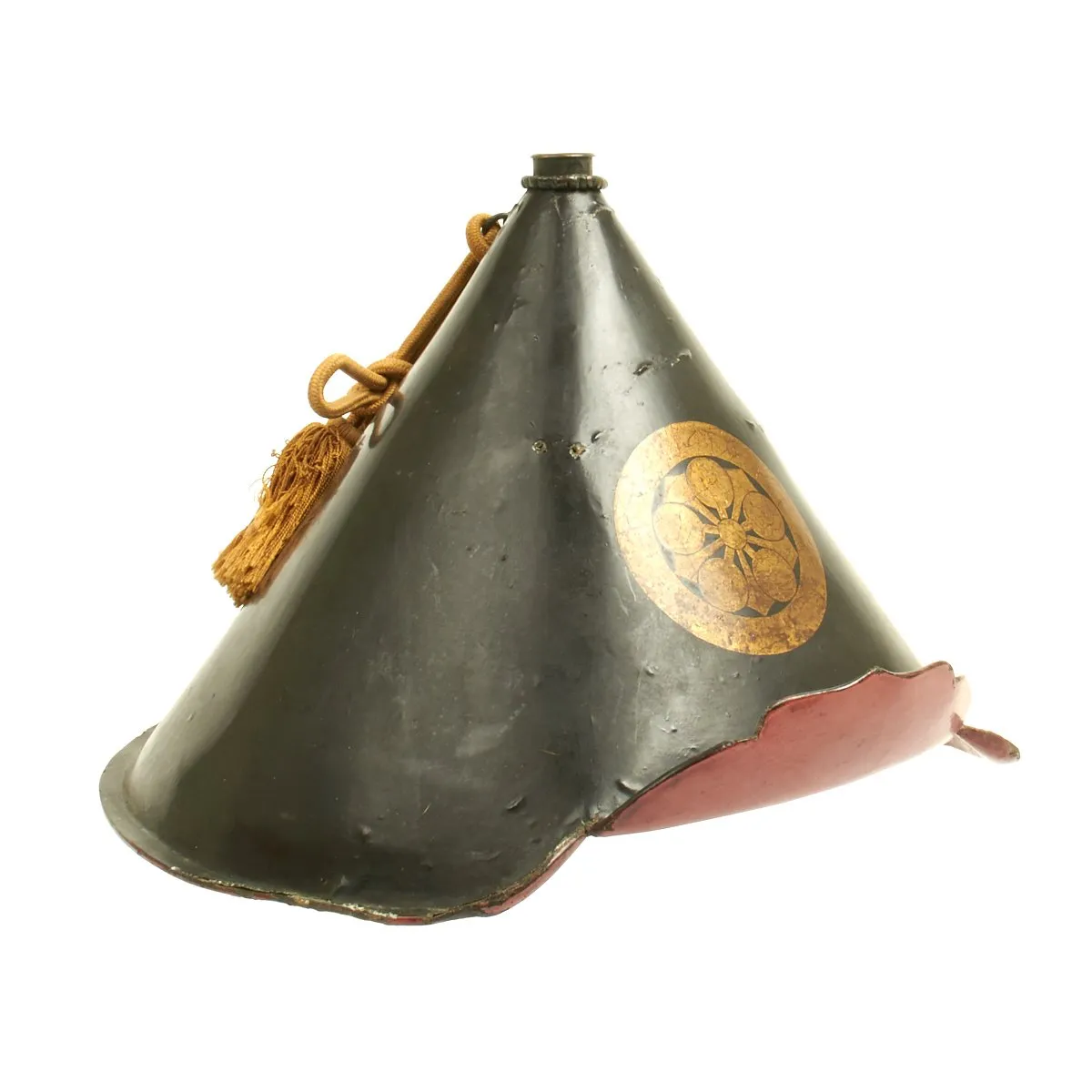 Original Japanese 19th Century Lacquered Jingasa Helmet with Family Crest and Tassel c.1850