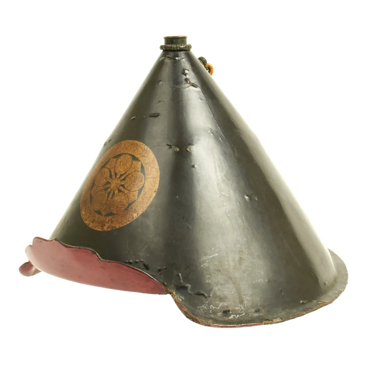 Original Japanese 19th Century Lacquered Jingasa Helmet with Family Crest and Tassel c.1850