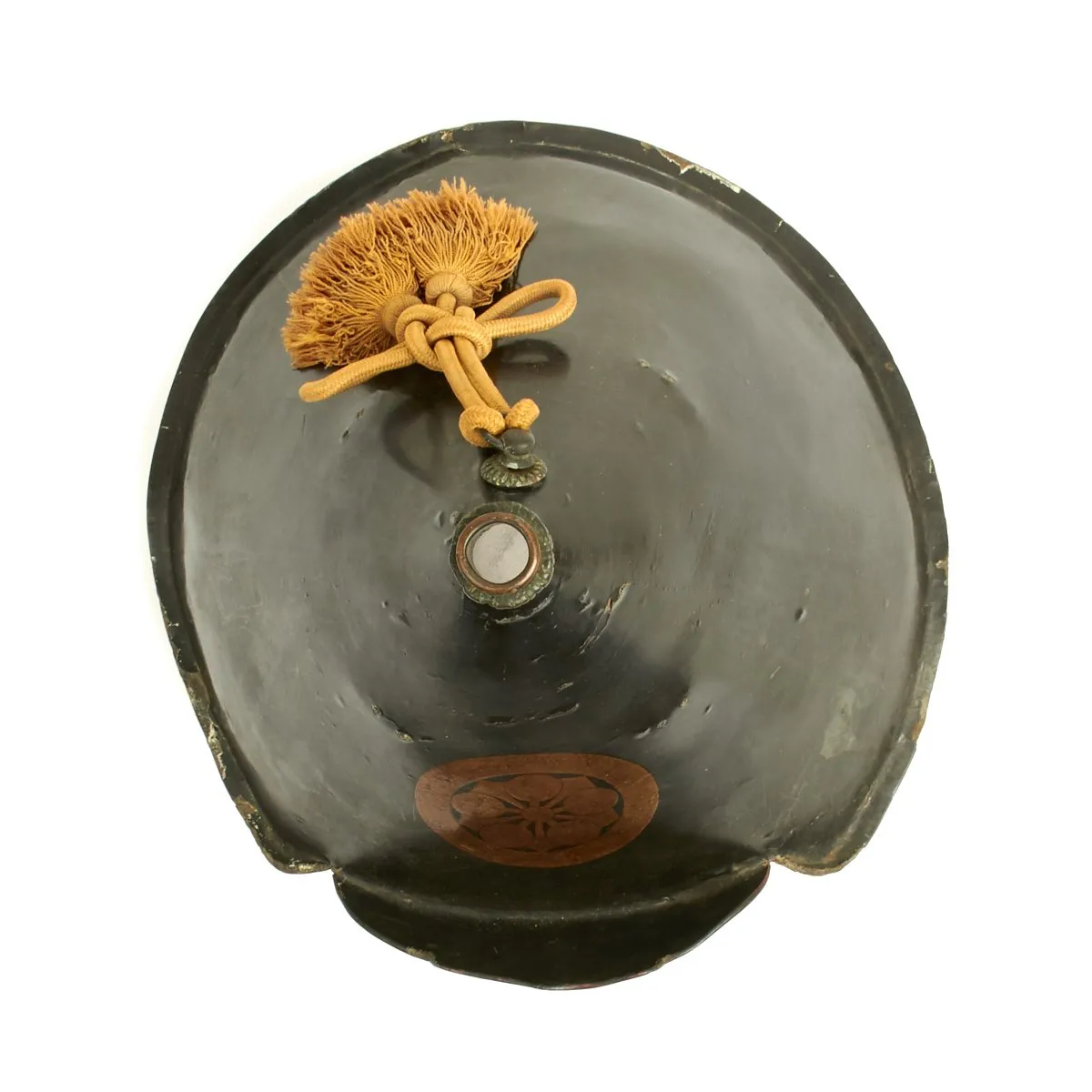 Original Japanese 19th Century Lacquered Jingasa Helmet with Family Crest and Tassel c.1850