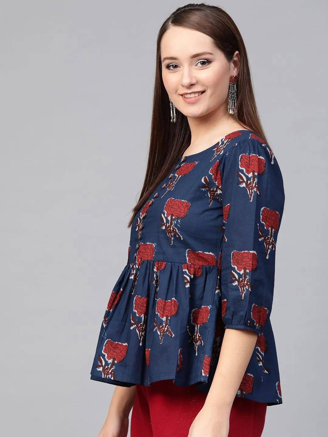 Women Blue & Red Peplum Printed Top