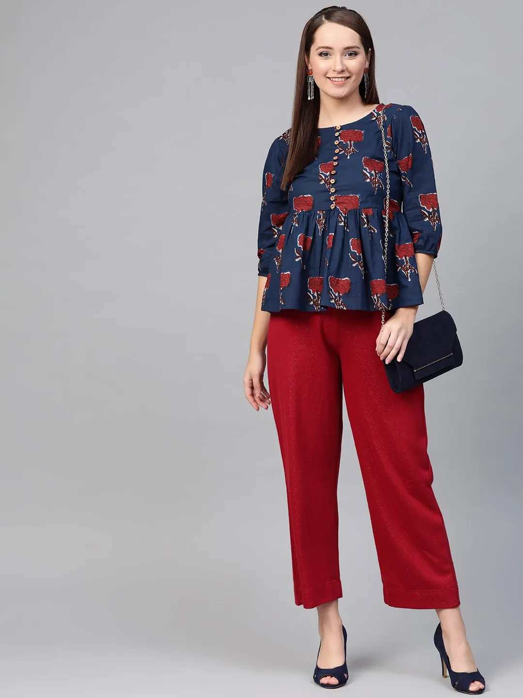 Women Blue & Red Peplum Printed Top