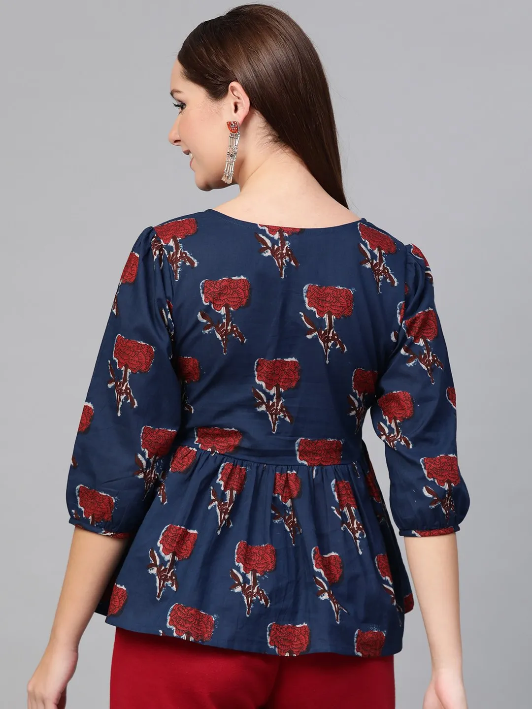 Women Blue & Red Peplum Printed Top